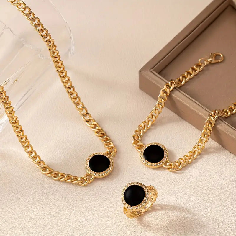 Elegantes Damen-Schmuckset – Schwarze Halskette, Ring & Armband im runden Design