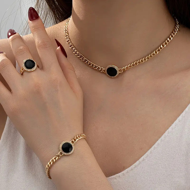 Elegantes Damen-Schmuckset – Schwarze Halskette, Ring & Armband im runden Design